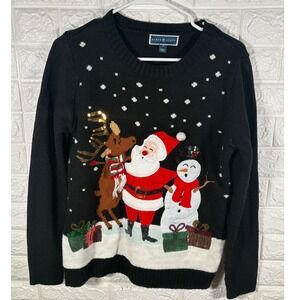 Karen Scott Christmas Sweater Small Santa Reindeer‎ Snowman Holiday Black Knit